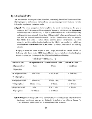 17
2.5 Advantage of OFC
OFC has obvious advantages for the consumer, both today and in the foreseeable future,
offering improved performance for broadband services in comparison with those currently
delivered primarily over copper networks.
a) Speed: The speed comparison factor might be the most convincing one for you as
customers. OFC provides the highest possible speeds of Internet access downstream
(from the network to the end user) as well as upstream (from the user to the network).
Mobile connections are much slower than OFC, especially when several users are in the
same area and share the available network. Satellite connections are also much slower
than FTTH: they entail a delay, which hampers phone conversations and other
interactive activities. Other fixed technologies, like ADSL, use metal wires - which are
about 100 times slower than fibre to the home – to connect your home to the fiber city
network.
Keeping in mind that FTTH allows at least 1 Gbps download and 1 Gbps upload, the
following table drawn by the FTTH Council Europe shows typical download and upload
speeds for photo and video transfer for different bandwidth combination:
Table 2.1: FTTH Data speed [4]
Time taken for: 1 GB photo album 4.7 GB standard video 25 GB HD Video
1 Gbps download
1 Gbps upload
9 sec. 39 sec. 3 min 28 sec.
100 Mbps download
100 Mbps upload
1 min 23 sec. 6 min 31 sec. 34 in 40 sec.
50 Mbps download
10 Mbps upload
2 min 46 sec.
13 min 52 sec.
13 min 2 sec.
1 hr 5 min.
1 hr 9 min.
5 hr 47 min.
8 Mbps download
1 Mbps upload
19 min.
2 hr 32 min.
1 hr 29 min.
11 hr 54 min.
7 hr 55 min.
-
b) Reliability: Even though OFC speed is remarkable, we should consider other factors that
also impact on the end user service. Reliability is definitely one of these factors. An
FTTH broadband connection offers an improved network reliability.
 