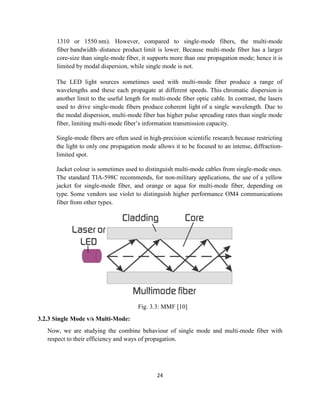 24
1310 or 1550 nm). However, compared to single-mode fibers, the multi-mode
fiber bandwidth–distance product limit is lower. Because multi-mode fiber has a larger
core-size than single-mode fiber, it supports more than one propagation mode; hence it is
limited by modal dispersion, while single mode is not.
The LED light sources sometimes used with multi-mode fiber produce a range of
wavelengths and these each propagate at different speeds. This chromatic dispersion is
another limit to the useful length for multi-mode fiber optic cable. In contrast, the lasers
used to drive single-mode fibers produce coherent light of a single wavelength. Due to
the modal dispersion, multi-mode fiber has higher pulse spreading rates than single mode
fiber, limiting multi-mode fiber’s information transmission capacity.
Single-mode fibers are often used in high-precision scientific research because restricting
the light to only one propagation mode allows it to be focused to an intense, diffraction-
limited spot.
Jacket colour is sometimes used to distinguish multi-mode cables from single-mode ones.
The standard TIA-598C recommends, for non-military applications, the use of a yellow
jacket for single-mode fiber, and orange or aqua for multi-mode fiber, depending on
type. Some vendors use violet to distinguish higher performance OM4 communications
fiber from other types.
Fig. 3.3: MMF [10]
3.2.3 Single Mode v/s Multi-Mode:
Now, we are studying the combine behaviour of single mode and multi-mode fiber with
respect to their efficiency and ways of propagation.
 