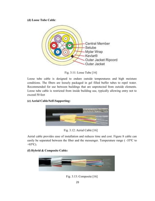 29
(d) Loose Tube Cable:
Fig. 3.11: Losse Tube [16]
Loose tube cable is designed to endure outside temperatures and high moisture
conditions. The fibers are loosely packaged in gel filled buffer tubes to repel water.
Recommended for use between buildings that are unprotected from outside elements.
Loose tube cable is restricted from inside building use, typically allowing entry not to
exceed 50 feet
(e) Aerial Cable/Self-Supporting:
Fig. 3.12: Aerial Cable [16]
Aerial cable provides ease of installation and reduces time and cost. Figure 8 cable can
easily be separated between the fiber and the messenger. Temperature range ( -55ºC to
+85ºC).
(f) Hybrid & Composite Cable:
Fig. 3.13: Composite [16]
 
