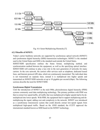 37
Fig. 4.4: Sonet Multiplexing Hierarchy [7]
4.2.3 Benefits of SONET:
Today's carrier backbone networks are supported by synchronous optical network (SONET)
and synchronous digital hierarchy (SDH) transmission technologies. SONET is the standard
used in the United States and SDH is the standard used outside the United States.
SONET/SDH specification outlines the frame format, multiplexing method, and
synchronization method between the equipment, as well as the specifying optical interface.
SONET/SDH will continue to play a key role in the next generation of networks for many
carriers. In the core network, the carriers offer services such as telephone, dedicated leased
lines, and Internet protocol (IP) data, which are continuously transmitted. The individual data
is not transmitted on separate lines; instead it is multiplexed into higher speeds and
transmitted on SONET/SDH networks at up to 10 gigabits per second (Gbps). The following
sections describe the need for SONET/SDH.
Synchronous Digital Transmission
Until the introduction of SONET in the mid-1980s, plesiochronous digital hierarchy (PDH)
systems commonly used data multiplexing technology. The primary problem with PDH was
that to extract low-speed traffic, all traffic that was multiplexed to higher speeds had to be de-
multiplexed into lower speeds. With PDH, the equipment had to support multiplexing and de-
multiplexing the signal, adding cost and complexity to the network. SONET was introduced
as a synchronous transmission system that could directly extract low-speed signals from
multiplexed high-speed traffic. Based on the ANSI standard, the CCITT approved the
international standard known as SDH based on the SONET technology.
 
