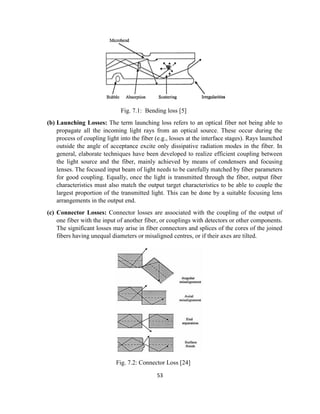53
Fig. 7.1: Bending loss [5]
(b) Launching Losses: The term launching loss refers to an optical fiber not being able to
propagate all the incoming light rays from an optical source. These occur during the
process of coupling light into the fiber (e.g., losses at the interface stages). Rays launched
outside the angle of acceptance excite only dissipative radiation modes in the fiber. In
general, elaborate techniques have been developed to realize efficient coupling between
the light source and the fiber, mainly achieved by means of condensers and focusing
lenses. The focused input beam of light needs to be carefully matched by fiber parameters
for good coupling. Equally, once the light is transmitted through the fiber, output fiber
characteristics must also match the output target characteristics to be able to couple the
largest proportion of the transmitted light. This can be done by a suitable focusing lens
arrangements in the output end.
(c) Connector Losses: Connector losses are associated with the coupling of the output of
one fiber with the input of another fiber, or couplings with detectors or other components.
The significant losses may arise in fiber connectors and splices of the cores of the joined
fibers having unequal diameters or misaligned centres, or if their axes are tilted.
Fig. 7.2: Connector Loss [24]
 