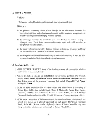 6
1.2 Vision & Mission
Vision: -
To become a global leader in enabling simple innovative smart living.
Mission: -
a) To promote a learning culture which emerges as an educational enterprise for
improving individual and collective performance and for acquiring competencies to
meet the challenges in the changing business scenario.
b) To encourage members to contribute ideas and develop an attitude to respect
divergent views. To facilitate communication across levels and enable members to
accept smart mistakes openly.
c) To make working transparent by defining policies, systems and processes and lower
the role of discretion. Process/activity can be accountable.
d) To strengthen customer orientation not only externally but internally as well. To work
towards the delight of both internal and external customers.
1.3 Products & Services
a) AKSH OPTIFIBRE LIMITED is one of the leading providers of transmission solutions
for the telecom industries globally.
b) Various products & services are embedded in our diversified portfolio. Our products
include optical fibers, optical fiber cables, cable reinforcement solutions while we
also deliver some of the exemplary services that include iControl (IPTV), Pigeon
(VoIP) and FTTH.
c) AKSH has been innovative with its cable designs and manufactures a wide array of
Optical Fiber Cables that include Single Mode & Multimode Cables, Duct Cables,
Armoured, FTTH (Aerial installations & fibre to home) Cables, Indoor & Outdoor
Cables and Special application cables (Hybrid, All purpose, Ceramic Armoured cables).
d) AKSH holds a reputation of being the pioneer in manufacturing of raw materials for
optical fiber cables and is globally renowned for high quality FRP (Fiber reinforced
plastic) Rods, ARP (Aramid reinforced plastic) rods and WS yarn (water blocking yarn)
that gives the best reinforcement and strength to Optical Fiber Cables.
 