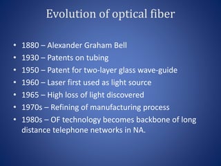 Evolution of optical fiber
• 1880 – Alexander Graham Bell
• 1930 – Patents on tubing
• 1950 – Patent for two-layer glass wave-guide
• 1960 – Laser first used as light source
• 1965 – High loss of light discovered
• 1970s – Refining of manufacturing process
• 1980s – OF technology becomes backbone of long
distance telephone networks in NA.
 