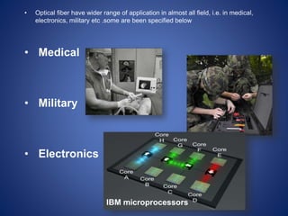 • Optical fiber have wider range of application in almost all field, i.e. in medical,
electronics, military etc .some are been specified below
• Medical
• Military
• Electronics
IBM microprocessors
 