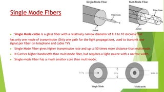 Single Mode Fibers
▶ Single Mode cable is a glass fiber with a relatively narrow diameter of 8.3 to 10 microns that
has only one mode of transmission (Only one path for the light propagation), used to transmit one
signal per fiber (in telephone and cable TV)
▶ Single Mode Fiber gives higher transmission rate and up to 50 times more distance than multimode.
▶ It Carries higher bandwidth than multimode fiber, but requires a light source with a narrow width.
▶ Single-mode fiber has a much smaller core than multimode.
 