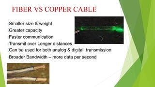 FIBER VS COPPER CABLE
🞑Smaller size & weight
🞑Greater capacity
🞑Faster communication
🞑Transmit over Longer distances
🞑Can be used for both analog & digital transmission
🞑Broader Bandwidth – more data per second
 