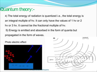 Quantum theory:- 
4) The total energy of radiation is quantized i.e., the total energy is 
an integral multiple of hν. It can only have the values of 1 hν or 2 
hν or 3 hν. It cannot be the fractional multiple of hν. 
5) Energy is emitted and absorbed in the form of quanta but 
propagated in the form of waves. 
Photo electric effect 
Prof. Byomakesh Mahapatra 
 