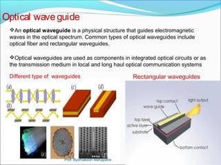 Optical wave guide 
An optical waveguide is a physical structure that guides electromagnetic 
waves in the optical spectrum. Common types of optical waveguides include 
optical fiber and rectangular waveguides. 
Optical waveguides are used as components in integrated optical circuits or as 
the transmission medium in local and long haul optical communication systems 
Rectangular Different type of waveguides waveguides 
Prof. Byomakesh Mahapatra 
 
