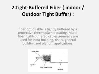 2.Tight-Buffered Fiber ( indoor / 
Outdoor Tight Buffer) : 
fiber optic cable is tightly buffered by a 
protective thermoplastic coating. Multi-fiber, 
tight-buffered cables generally are 
used for intra-building, risers, general 
building and plenum applications. 
 