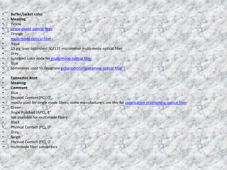• Buffer/jacket color 
• Meaning 
• Yellow 
• single-mode optical fiber 
• Orange 
• multi-mode optical fiber 
• Aqua 
• 10 gig laser-optimized 50/125 micrometer multi-mode optical fiber 
• Grey 
• outdated color code for multi-mode optical fiber 
• Blue 
• Sometimes used to designate polarization-maintaining optical fiber 
• 
• Connector Boot 
• Meaning 
• Comment 
• Blue 
• Physical Contact (PC), 0° 
• mostly used for single mode fibers; some manufacturers use this for polarization-maintaining optical fiber. 
• Green 
• Angle Polished (APC), 8° 
• not available for multimode fibers 
• Black 
• Physical Contact (PC), 0° 
• Grey, 
• Beige 
• Physical Contact (PC), 0° 
• multimode fiber connectors 
 