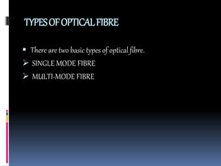 TYPESOFOPTICALFIBRE
 There are two basic types of optical fibre.
 SINGLE MODE FIBRE
 MULTI-MODE FIBRE
 