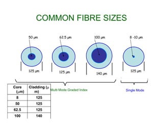 COMMON FIBRE SIZES
50 µm 62.5 µm 100 µm 8 -10 µm
125 µm 125 µm 140 µm
125 µm
Multi Mode Graded Index Single Mode
Core
(m)
Cladding (
m)
8 125
50 125
62.5 125
100 140
 