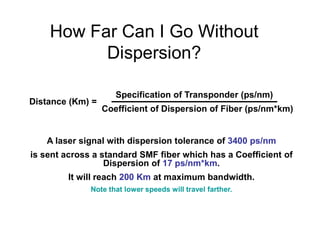 How Far Can I Go Without
Dispersion?
Distance (Km) =
Specification of Transponder (ps/nm)
Coefficient of Dispersion of Fiber (ps/nm*km)
A laser signal with dispersion tolerance of 3400 ps/nm
is sent across a standard SMF fiber which has a Coefficient of
Dispersion of 17 ps/nm*km.
It will reach 200 Km at maximum bandwidth.
Note that lower speeds will travel farther.
 
