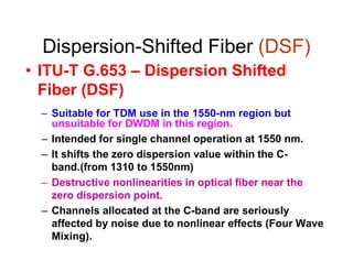 Dispersion-Shifted Fiber (DSF)
• ITU-T G.653 – Dispersion Shifted
Fiber (DSF)
– Suitable for TDM use in the 1550-nm region but
unsuitable for DWDM in this region.
– Intended for single channel operation at 1550 nm.– Intended for single channel operation at 1550 nm.
– It shifts the zero dispersion value within the C-
band.(from 1310 to 1550nm)
– Destructive nonlinearities in optical fiber near the
zero dispersion point.
– Channels allocated at the C-band are seriously
affected by noise due to nonlinear effects (Four Wave
Mixing).
 