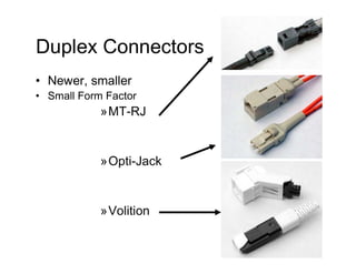 Duplex Connectors
• Newer, smaller
• Small Form Factor
»MT-RJ
»Opti-Jack
»Volition
 