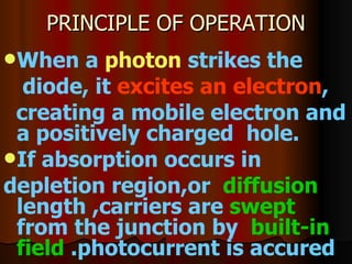 PRINCIPLE OF OPERATION When a  photon  strikes the diode, it  excites an electron , creating a mobile electron and a positively charged  hole. If absorption occurs in depletion region,or  diffusion  length ,carriers are  swept  from the junction by  built-in   field  .photocurrent is accured 