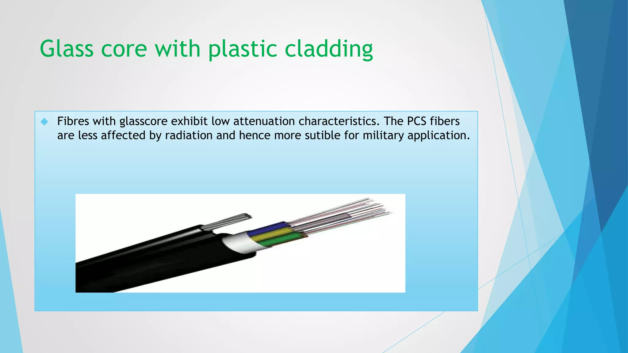 Glass core with plastic cladding 
 Fibres with glasscore exhibit low attenuation characteristics. The PCS fibers 
are less affected by radiation and hence more sutible for military application. 
 