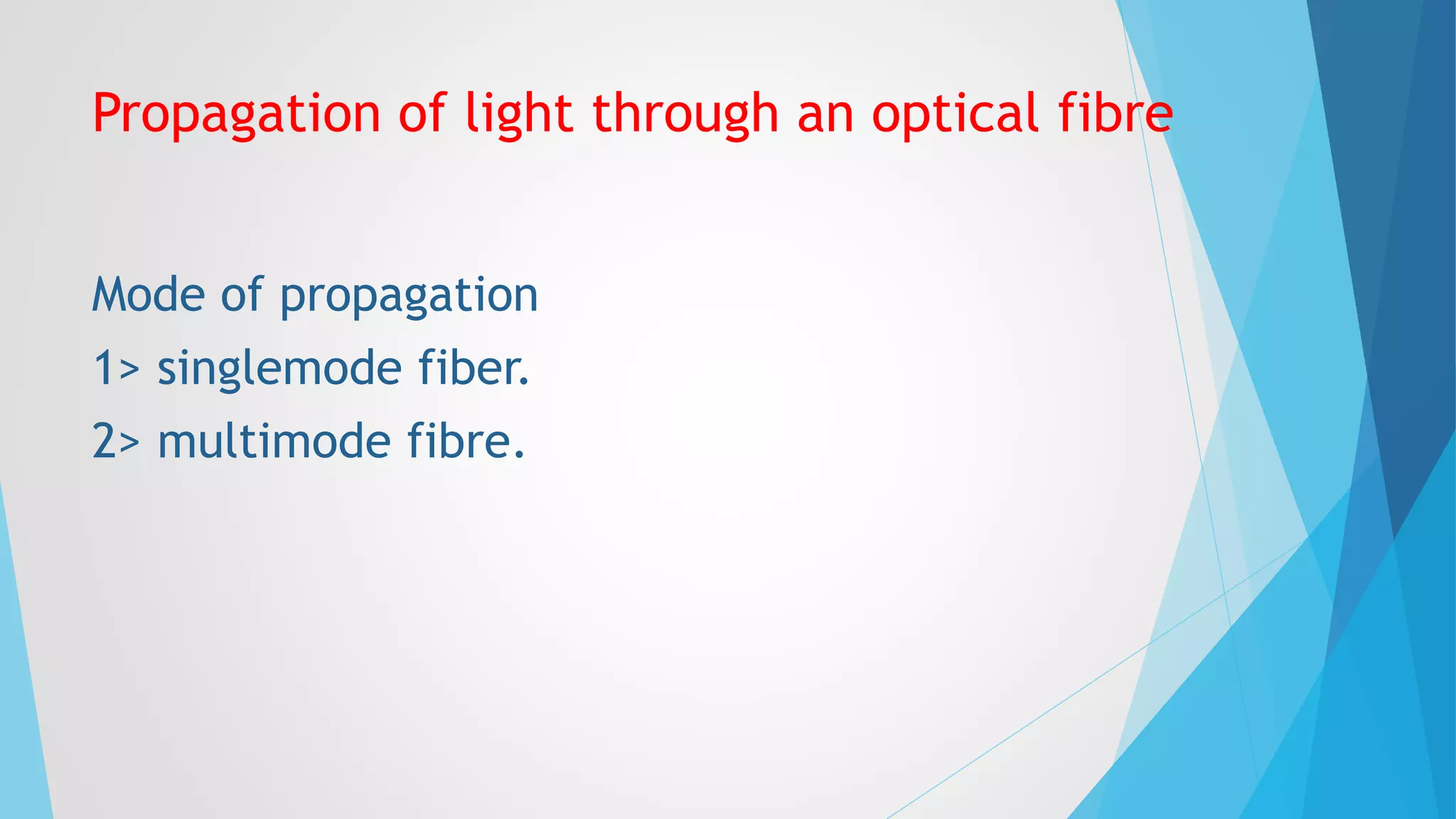 Propagation of light through an optical fibre 
Mode of propagation 
1> singlemode fiber. 
2> multimode fibre. 
 