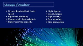 Advanatges of Optical fiber
 Greater Bandwidth & Faster
Speed.
 High noise immunity
 Thinner and Light-weighted.
 Higher carrying capacity.
Light signals.
Long Lifespan.
High security.
Data signaling
Fire prevention
 