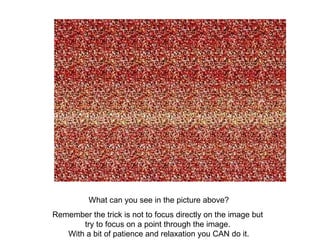 What can you see in the picture above? Remember the trick is not to focus directly on the image but  try to focus on a poi...