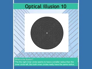 Optical illusion 10 
What is the illusion? 
The the right inner circle seems to have a smaller radius than the 
inner circle left. But both inner circles really have the same radius. 
 