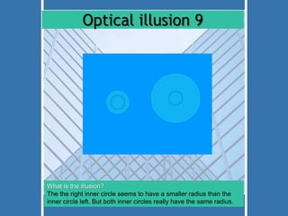 Optical illusion 9 
What is the illusion? 
The the right inner circle seems to have a smaller radius than the 
inner circle left. But both inner circles really have the same radius. 
 