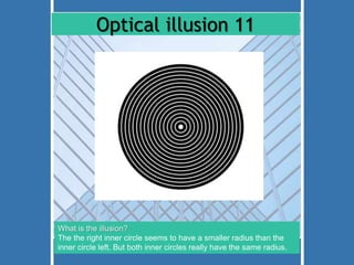Optical illusion 11 
What is the illusion? 
The the right inner circle seems to have a smaller radius than the 
inner circle left. But both inner circles really have the same radius. 
 