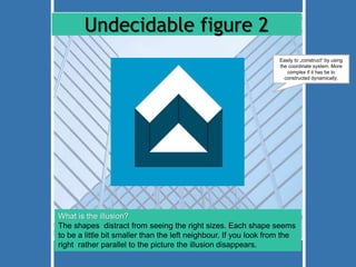Undecidable figure 2 
Easily to „construct“ by using 
the coordinate system. More 
complex if it has be to 
constructed dynamically. 
What is the illusion? 
The shapes distract from seeing the right sizes. Each shape seems 
to be a little bit smaller than the left neighbour. If you look from the 
right rather parallel to the picture the illusion disappears. 
 