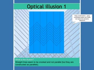 Optical illusion 1 
What is the illusion? 
Straight lines seem to be crooked and not parallel (but they are 
constructed as parallels). 
Easy constructions , using 
coordinate system as if does 
not need to be dynamic, 
reflections 
 