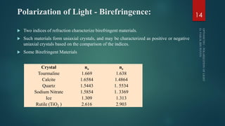 Polarization of Light - Birefringence:
 Two indices of refraction characterize birefringent materials.
 Such materials form uniaxial crystals, and may be characterized as positive or negative
uniaxial crystals based on the comparison of the indices.
 Some Birefringent Materials
14
Crystal no ne
Tourmaline 1.669 1.638
Calcite 1.6584 1.4864
Quartz 1.5443 1. 5534
Sodium Nitrate 1.5854 1. 3369
Ice 1.309 1.313
Rutile (TiO2 ) 2.616 2.903
 
