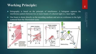 Working Principle:
 Holography is based on the principle of interference. A hologram captures the
interference pattern between two or more beams of coherent light (i.e. laser light).
 One beam is shone directly on the recording medium and acts as a reference to the light
scattered from the illuminated scene.
6
 