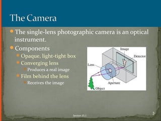 The single-lens photographic camera is an optical
instrument.
Components
Opaque, light-tight box
Converging lens
Produces a real image
Film behind the lens
Receives the image
Section 25.1
3
 