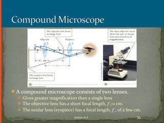 A compound microscope consists of two lenses.
 Gives greater magnification than a single lens
 The objective lens has a short focal length, ƒo<1 cm.
 The ocular lens (eyepiece) has a focal length, ƒe, of a few cm.
Section 25.4 30
 