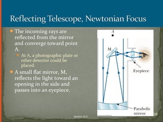 The incoming rays are
reflected from the mirror
and converge toward point
A.
 At A, a photographic plate or
other detector could be
placed.
A small flat mirror, M,
reflects the light toward an
opening in the side and
passes into an eyepiece.
Section 25.5
39
 