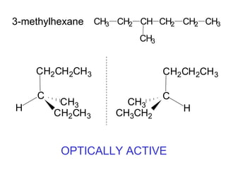 3-methylhexane    CH3 CH2 CH CH2 CH2 CH3
                         CH3


    CH2CH2CH3                  CH2CH 2CH 3

    C                          C
         CH3           CH3
H                                  H
        CH2CH 3      CH3CH2


         OPTICALLY ACTIVE
 