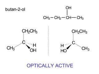 butan-2-ol                     OH

                   CH3   CH2   CH       CH3


        CH2CH3                      CH2CH3

        C                           C
               H           H
CH3                                       CH3
              OH           HO


             OPTICALLY ACTIVE
 