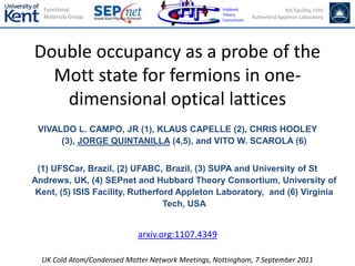 Double occupancy as a probe of the Mott state for fermions in one-dimensional optical lattices VIVALDO L. CAMPO, JR (1), KLAUS CAPELLE (2), CHRIS HOOLEY (3), JORGE QUINTANILLA (4,5), and VITO W. SCAROLA (6) (1) UFSCar, Brazil, (2) UFABC, Brazil, (3) SUPA and University of St Andrews, UK, (4) SEPnet and Hubbard Theory Consortium, University of Kent, (5) ISIS Facility, Rutherford Appleton Laboratory,  and (6) Virginia Tech, USA arxiv.org:1107.4349 UK Cold Atom/Condensed Matter Network Meetings, Nottingham, 7 September 2011 