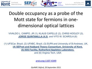 Double occupancy as a probe of the Mott state for fermions in one-dimensional optical lattices VIVALDO L. CAMPO, JR (1), KLAUS CAPELLE (2), CHRIS HOOLEY (3), JORGE QUINTANILLA (4,5), and VITO W. SCAROLA (6) (1) UFSCar, Brazil, (2) UFABC, Brazil, (3) SUPA and University of St Andrews, UK, (4) SEPnet and Hubbard Theory Consortium, University of Kent, (5) ISIS Facility, Rutherford Appleton Laboratory, and (6) Virginia Tech, USA arxiv.org:1107.4349 QuAMP, Oxford, 20 September 2011 