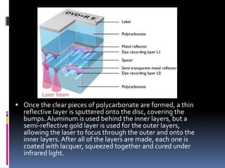  Once the clear pieces of polycarbonate are formed, a thin
reflective layer is sputtered onto the disc, covering the
bumps. Aluminum is used behind the inner layers, but a
semi-reflective gold layer is used for the outer layers,
allowing the laser to focus through the outer and onto the
inner layers. After all of the layers are made, each one is
coated with lacquer, squeezed together and cured under
infrared light.
 
