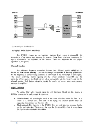 9
Fig.1 Block Diagram of a DWDM System
3.2 Optical Transmission Principles
The DWDM system has an important photonic layer, which is responsible for
transmission of the optical data through the network. Some basic principles, concerning the
optical transmission, are explained in this section. These are necessary for the proper
operation of the system.
Channel Spacing
The minimum frequency separation between two different signals multiplexed in
known as the Channel spacing. Since the wavelength of operation is inversely proportional
to the frequency, a corresponding difference is introduced in the wavelength of each signal.
The factors controlling channel spacing are the optical amplifier’s bandwidth and the
capability of the receiver in identifying two close wavelengths sets the lower bound on the
channel spacing. Both factors ultimately restrict the number of unique wavelengths passing
through the amplifier.
Signal Direction
An optical fiber helps transmit signal in both directions. Based on this feature, a
DWDM system can be implemented in two ways:
 Unidirectional: All wavelengths travel in the same direction within the fiber. It is
similar to a simplex case. This calls in for laying one another parallel fiber for
supporting transmission on the other side.
 Bi-directional: The channels in the DWDM fiber are split into two separate bands,
one for each direction. This removes the need for the second fiber, but, in turn reduces
the capacity or transmission bandwidth.
 