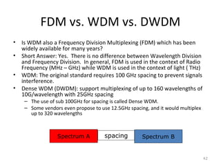 FDM vs. WDM vs. DWDM
• Is WDM also a Frequency Division Multiplexing (FDM) which has been
widely available for many years?
• Short Answer: Yes. There is no difference between Wavelength Division
and Frequency Division. In general, FDM is used in the context of Radio
Frequency (MHz – GHz) while WDM is used in the context of light ( THz)
• WDM: The original standard requires 100 GHz spacing to prevent signals
interference.
• Dense WDM (DWDM): support multiplexing of up to 160 wavelengths of
10G/wavelength with 25GHz spacing
– The use of sub 100GHz for spacing is called Dense WDM.
– Some vendors even propose to use 12.5GHz spacing, and it would multiplex
up to 320 wavelengths
42
Spectrum A Spectrum Bspacing
 