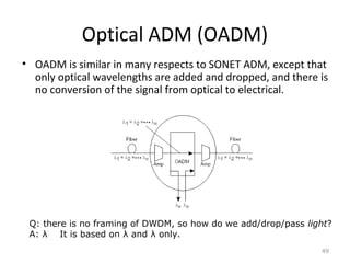 Optical ADM (OADM)
• OADM is similar in many respects to SONET ADM, except that
only optical wavelengths are added and dropped, and there is
no conversion of the signal from optical to electrical.
49
Q: there is no framing of DWDM, so how do we add/drop/pass light?
A: λ It is based on λ and λ only.
 