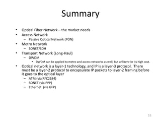 Summary
• Optical Fiber Network – the market needs
• Access Network
– Passive Optical Network (PON)
• Metro Network
– SONET/SDH
• Transport Network (Long-Haul)
– DWDM
• DWDM can be applied to metro and access networks as well, but unlikely for its high cost.
• Optical network is a layer-1 technology, and IP is a layer-3 protocol. There
must be a layer-2 protocol to encapsulate IP packets to layer-2 framing before
it goes to the optical layer
– ATM (via RFC2684)
– SONET (via PPP)
– Ethernet (via GFP)
55
 