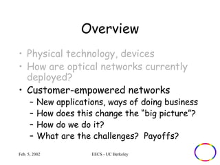 Overview 
• Physical technology, devices 
• How are optical networks currently 
deployed? 
• Customer-empowered networks 
– New applications, ways of doing business 
– How does this change the “big picture”? 
– How do we do it? 
– What are the challenges? Payoffs? 
Feb. 5, 2002 EECS - UC Berkeley 
 