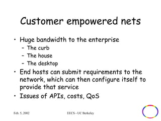 Customer empowered nets 
• Huge bandwidth to the enterprise 
– The curb 
– The house 
– The desktop 
• End hosts can submit requirements to the 
network, which can then configure itself to 
provide that service 
• Issues of APIs, costs, QoS 
Feb. 5, 2002 EECS - UC Berkeley 
 