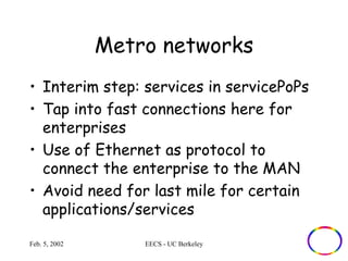 Metro networks 
• Interim step: services in servicePoPs 
• Tap into fast connections here for 
enterprises 
• Use of Ethernet as protocol to 
connect the enterprise to the MAN 
• Avoid need for last mile for certain 
applications/services 
Feb. 5, 2002 EECS - UC Berkeley 
 