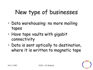New type of businesses 
• Data warehousing: no more mailing 
tapes 
• Have tape vaults with gigabit 
connectivity 
• Data is sent optically to destination, 
where it is written to magnetic tape 
Feb. 5, 2002 EECS - UC Berkeley 
 