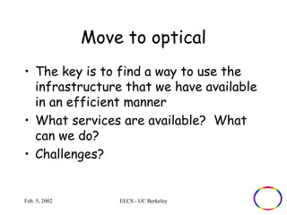 Move to optical 
• The key is to find a way to use the 
infrastructure that we have available 
in an efficient manner 
• What services are available? What 
can we do? 
• Challenges? 
Feb. 5, 2002 EECS - UC Berkeley 
 