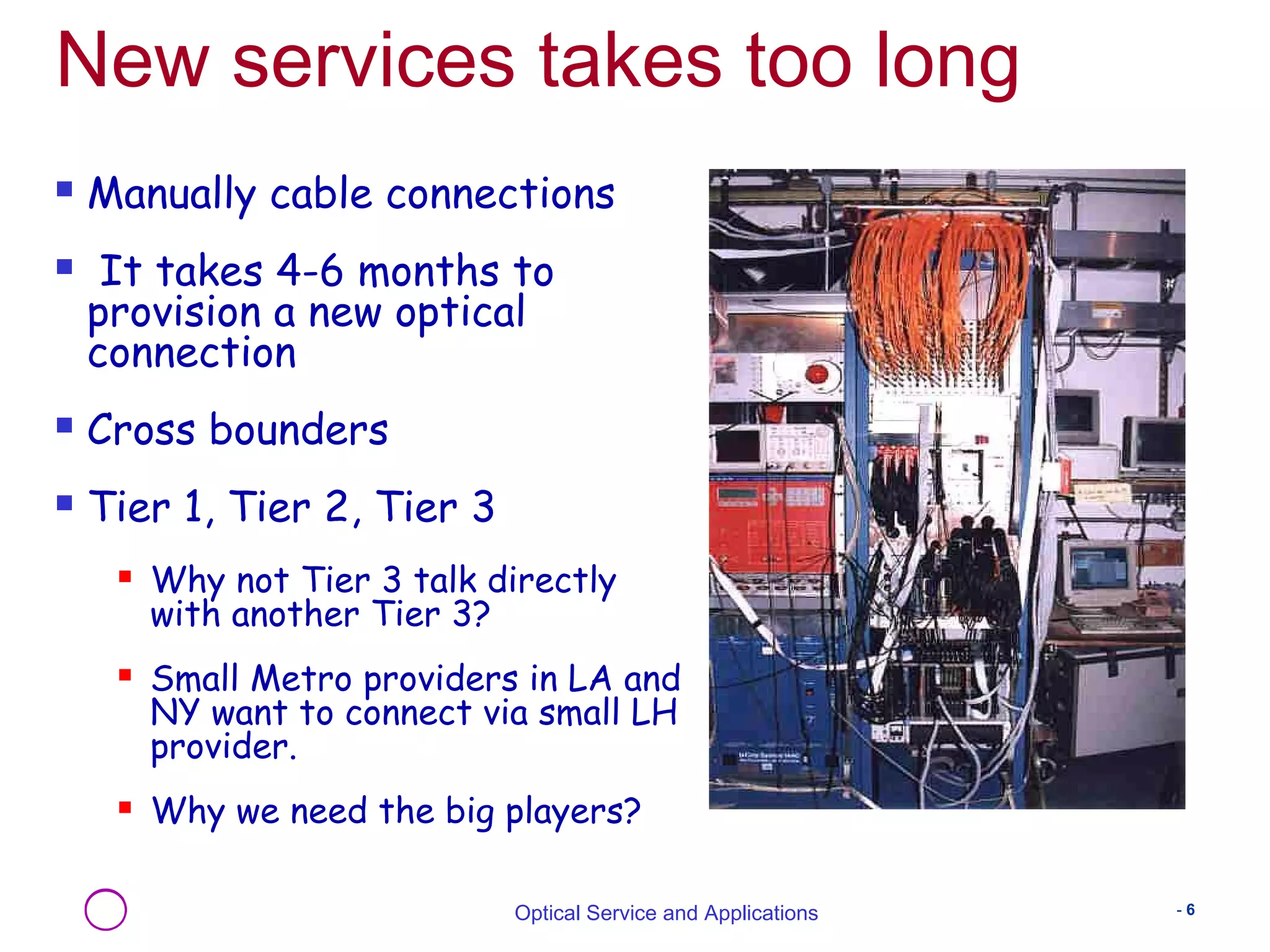 New services takes too long 
 Manually cable connections 
 It takes 4-6 months to 
provision a new optical 
connection 
Optical Service and Applications - 6 
 Cross bounders 
 Tier 1, Tier 2, Tier 3 
 Why not Tier 3 talk directly 
with another Tier 3? 
 Small Metro providers in LA and 
NY want to connect via small LH 
provider. 
 Why we need the big players? 
 