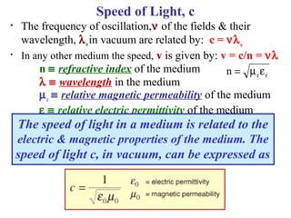 Speed of Light, c
• The frequency of oscillation,ν of the fields & their
wavelength, λoin vacuum are related by: c = νλo
• In any other medium the speed, v is given by: v = c/n = νλ
n ≡ refractive index of the medium
λ ≡ wavelength in the medium
µr
≡ relative magnetic permeability of the medium
εr
≡ relative electric permittivity of the medium
rrn εµ=
The speed of light in a medium is related to the
electric & magnetic properties of the medium. The
speed of light c, in vacuum, can be expressed as
 